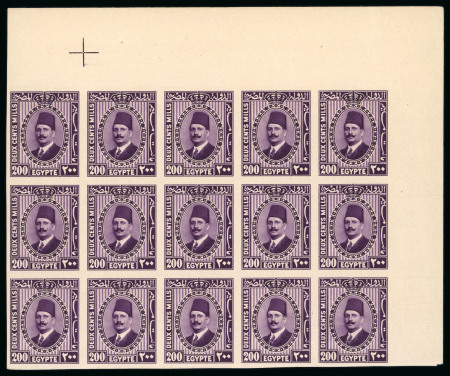 Stamp of Egypt » 1922-1936 King Fouad I Definitives » Issued Stamps 1927-37 Second Portrait Issue: 200m deep violet with pale centre type II with Royal "CANCELLED" on reverse in top corner block of 15