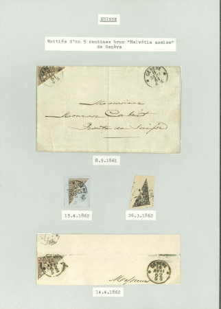 Stamp of Switzerland / Schweiz » Sitzende Helvetia Ungezähnt » 1857-62 Berner Druck, Dickes Papier 1861-62, 4 Halbierungen der 5 Rp., davon 2 kleine Briefstücke