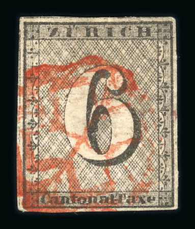 Stamp of Switzerland / Schweiz » Kantonalmarken » Zürich 1846, Zürich 6, Type 1, mit sehr seltener Abart « ohne Hintergrundlinien »
