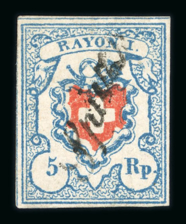 Stamp of Switzerland / Schweiz » Rayonmarken » Rayon I, hellblau, ohne KE (STEIN C2) 1851, Rayon I hellblau, Type 1, Stein C2-LO mit Plattenfehler
