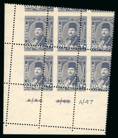 Stamp of Egypt » 1936-1952 King Farouk Definitives  » Issued Stamps 1944-51 Military Issue: 20m slate-violet "A/47" mint n.h. control block of six with Royal oblique perforations