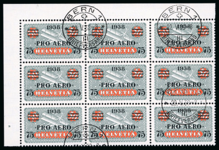 Stamp of Switzerland / Schweiz » Flugpost » Flugmarken 1938, Flugpost 75 auf 50 Rp. mit Aufdruck Pro Aero, im 9er Block