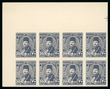 Stamp of Egypt » 1936-1952 King Farouk Definitives  » Issued Stamps 1944-51 Military Issue: 20m slate-violet with Royal "Cancelled" back in Arabic in top left corner marginal block of 8