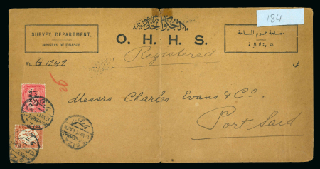 Stamp of Egypt » Officials 1893 (-) Chestnut and 1907 5m rose-carmine, on enlarged 1911 OHHS registered envelope from Giza to Port Said