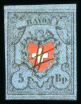 Stamp of Switzerland / Schweiz » Rayonmarken » Rayon I, dunkelblau mit Kreuzeinfassung 1850, Rayon I mit Kreuzeinfassung,  mit spektakulärer Abart « doppelter Schmitzdruck », « doppelte Kreuzeinfassung »