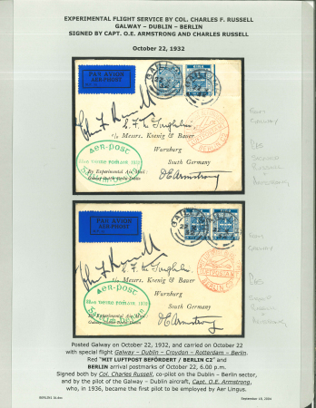 Stamp of Ireland » Airmails 1932 Specialised collection of the Experimental Flight Service by Charles F. Russell neatly mounted and knowledgeable written up on 34 album pages, showing an improvised handwritten Post Office note, signed photograph of