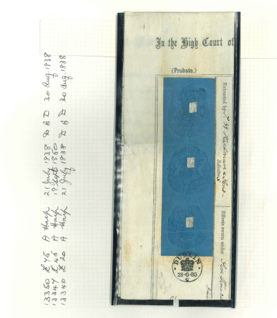 Stamp of Ireland » Revenues & Fiscals » Embossed Stamp Duty 1842-1907 Old-time attractive collection of 28 documents and 60 fragments neatly mounted on pages and housed in album, showing embossed impressions without colour, in red and on blue and or pink paper, with values from £