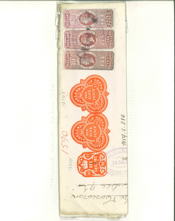 Stamp of Ireland » Revenues & Fiscals » Embossed Stamp Duty 1838-1919 Old-time attractive collection of 67 documents and 10 fragments neatly mounted on pages and housed in album, showing embossed impressions without colour, in red and on blue paper, with values from 2d to 8s, inc