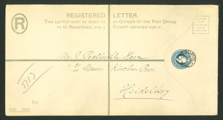 Stamp of South Africa » Transvaal » Postal Stationery 1909 KEVII 4d registered envelope, size K, used locally in Heidelberg