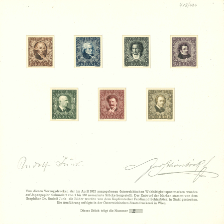 Stamp of Austria » 1st. Republic Austria Österreich 1922 Komponisten Einzel-Farbproben in numerierten folder