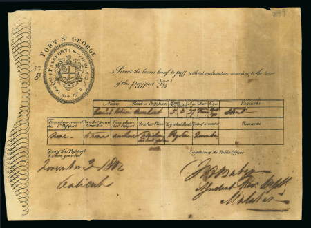 Stamp of India » Revenues India 1802 Fort St. George passport for travel to Malabar