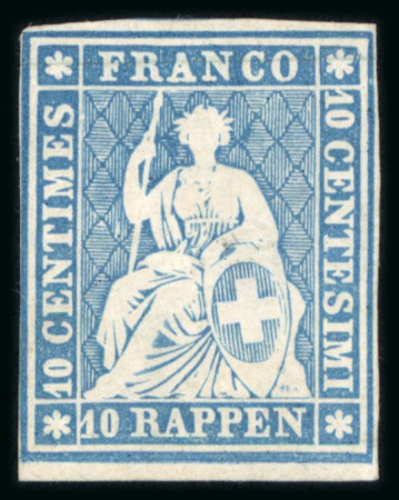 Stamp of Switzerland / Schweiz » Sitzende Helvetia Ungezähnt » Dünnes Papier 1856, 10 Rp. blau, 1. Berner Druckperiode, auf sehr dünnem Papier
