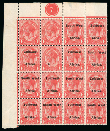 Stamp of South West Africa SWA 1924 Type VI ovpt 16mm 1d plate block 16, 3 missing ovpt