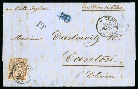 Stamp of Switzerland / Schweiz » Sitzende Helvetia Gezaehnt » Destinationen 1867, 1 Fr. goldbronze rötlich als Einzelfrankatur nach China