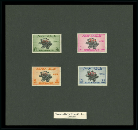 Stamp of Indian States » Bahawalpur 1949 UPU Centenary imperf. proof set of four mounted on black card