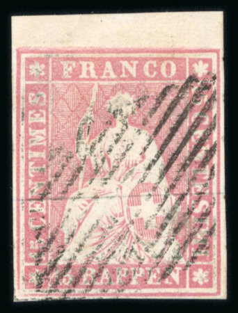 Stamp of Switzerland / Schweiz » Sitzende Helvetia Ungezähnt » 1854-55 Berner Druck (I) 1855, 15 Rp. rot, 1. Berner Druckperiode, farbfrisch, allseits weissrandig, mit breitem oberen Bogenrand