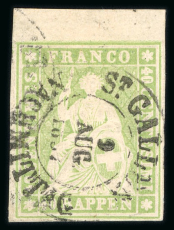 Stamp of Switzerland / Schweiz » Sitzende Helvetia Ungezähnt » 1856-57 Berner Druck (II) 1857, 40 Rp. grün, 2. Berner Druckperiode, farbintensiv, allseits weissrandig, mit breitem oberen Bogenrand