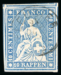 Stamp of Switzerland / Schweiz » Sitzende Helvetia Ungezähnt » 1856-57 Berner Druck (II) 1857, 10 Rp. blau, 2. Berner Druckperiode, in frischer Farbe, allseits breitrandig geschnitten