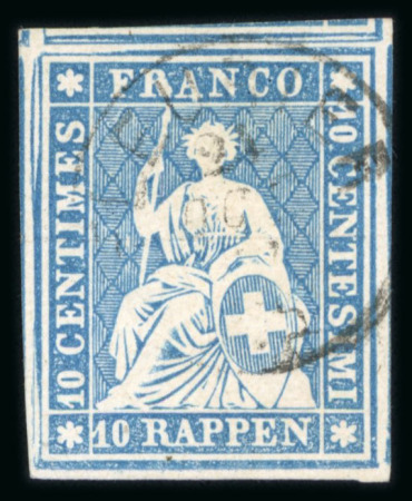 Stamp of Switzerland / Schweiz » Sitzende Helvetia Ungezähnt » 1856-57 Berner Druck (II) 1857, 10 Rp. blau, 2. Berner Druckperiode, in frischer Farbe, allseits breitrandig geschnitten