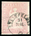 Stamp of Switzerland / Schweiz » Sitzende Helvetia Ungezähnt » 1854-55 Berner Druck (I) 1855, 15 Rp. rot, 1. Berner Druckperiode, farbintensiv, allseits weissrandig geschnitten