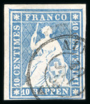 Stamp of Switzerland / Schweiz » Sitzende Helvetia Ungezähnt » Münchner Druck, 3. Auflage 1854, 10 Rp. blau, in frischer Farbe, allseits weissrandig, aus der oberen Bogenecke