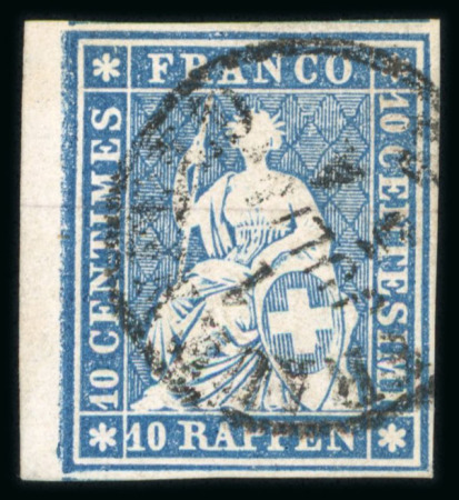 Stamp of Switzerland / Schweiz » Sitzende Helvetia Ungezähnt » 1856-57 Berner Druck (II) 1857, 10 Rp. blau, 3. Berner Druckperiode, farbintensiv, allseits weissrandig geschnitten