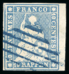 Stamp of Switzerland / Schweiz » Sitzende Helvetia Ungezähnt » Münchner Druck, 3. Auflage 1854, 10 Rp. blau, 3. Münchner Druckperiode, farbintensiv, allseits weissrandig geschnitten