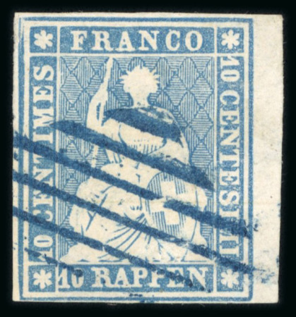 Stamp of Switzerland / Schweiz » Sitzende Helvetia Ungezähnt » Münchner Druck, 3. Auflage 1854, 10 Rp. blau, 3. Münchner Druckperiode, farbintensiv, allseits weissrandig geschnitten