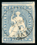 Stamp of Switzerland / Schweiz » Sitzende Helvetia Ungezähnt » Münchner Druck, 3. Auflage 1854, 10 Rp. blau, 3. Münchner Druckperiode, farbfrisch, allseits weisse Ränder