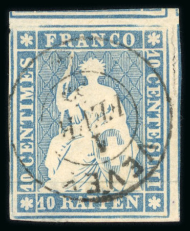 Stamp of Switzerland / Schweiz » Sitzende Helvetia Ungezähnt » Münchner Druck, 3. Auflage 1854, 10 Rp. blau, 3. Münchner Druckperiode, farbfrisch, allseits weisse Ränder