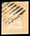 Stamp of Switzerland / Schweiz » Sitzende Helvetia Ungezähnt » 1856-57 Berner Druck (III) 1857, 20 Rp. orange, 3. Berner Druckperiode