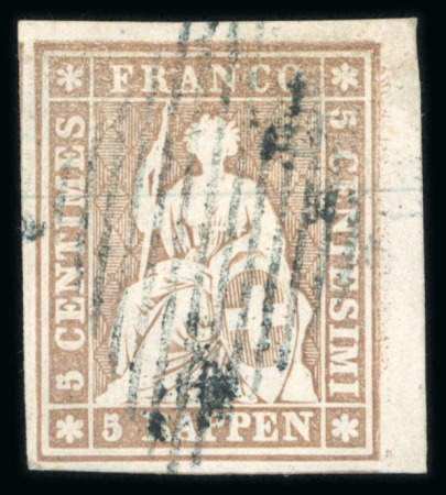 Stamp of Switzerland / Schweiz » Sitzende Helvetia Ungezähnt » 1854-55 Berner Druck (I) 1854, 5 Rp. braun, 1. Berner Druckperiode, farbfrisch, allseits breite, weisse Ränder