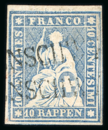 Stamp of Switzerland / Schweiz » Sitzende Helvetia Ungezähnt » 1856-57 Berner Druck (II) 1857, 10 Rp. blau, 2. Berner Druckperiode, mit Plattenfehler