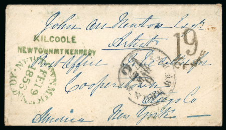 Stamp of Ireland » Postal History (Arranged alphabetically by County) Wicklow - Kilcoole: 1856 (19.2) Small neat envelope addressed to New York, bearing stunning 2-line KILCOOLE / NEWTOWNMTKENNEDY hs