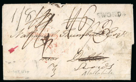 Stamp of Ireland » Pre-Stamp Postal History » Independant Post Office Period - 1784-1831 1824 (9.7) Folded entire sent from London to Dublin, and redirected to Swords and on to Malahide, rerated from 1/3 to 1/4 and finally 1/8 and showing an unusually clear strike of the scarce red oval T * OFF / POSTAGE to 