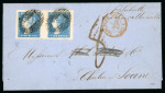 Stamp of Mauritius » 1859 Dardenne Issue (SG 41-44) 1859, Dardenne 2d. pale blue horizontal pair on letter to France