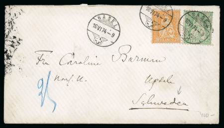 Stamp of Switzerland / Schweiz » Sitzende Helvetia Gezaehnt » Destinationen 1874, 20 Rp. orange zusammen mit 25 Rp. grün, auf Brief nach Schweden