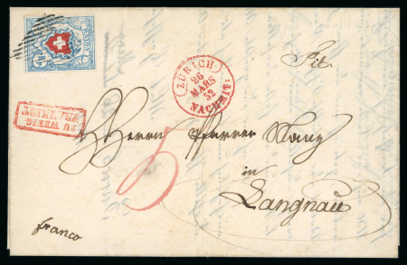 Stamp of Switzerland / Schweiz » Rayonmarken » Rayon I, hellblau, ohne KE (STEIN U) 1852, Rayon I hellblau, Type 25, Stein U-RU auf Taxbrief