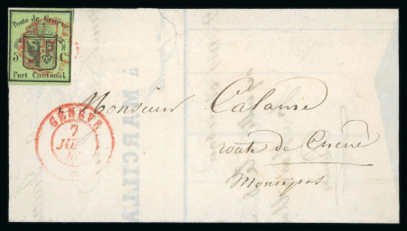 Stamp of Switzerland / Schweiz » Kantonalmarken » Genf 1846, kleiner Adler, farbintensiv, allseits grünrandig auf Brief