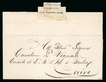 Stamp of Egypt » Suez-Canal Company 1868 (Sep 20) stampless entire sent to the Italian Consul in Cairo with label on reverse "Section Chalhouf / Au Piquet 198 à 202"