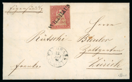 Stamp of Switzerland / Schweiz » Sitzende Helvetia Ungezähnt » Münchner Druck, 3. Auflage 1854, 15 Rp. rot, 3. Münchner Druckperiode, auf Brief von Wildhaus nach Zürich