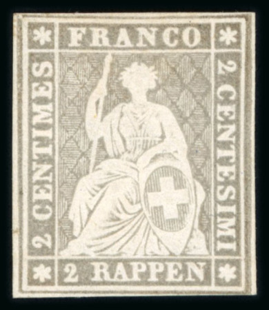 Stamp of Switzerland / Schweiz » Sitzende Helvetia Ungezähnt » 1857-62 Berner Druck, Dickes Papier 1862, 2 Rp. grau, 4. Berner Druckperiode ungebraucht mit vollem Originalgummi