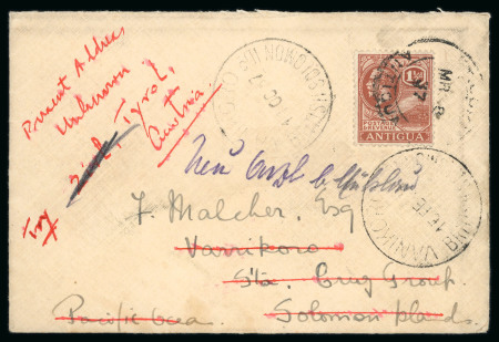 Stamp of Antigua & Barbuda Antigua 1937 cover to Solomon Is, redirected to Austria