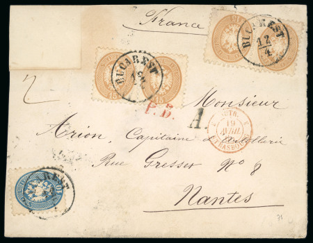 Stamp of Romania » Austrian Levant Post Offices 1865 Austrian Consular Post in Romania (Wallachia, Levant),  Bucharest to Nantes, France cover
