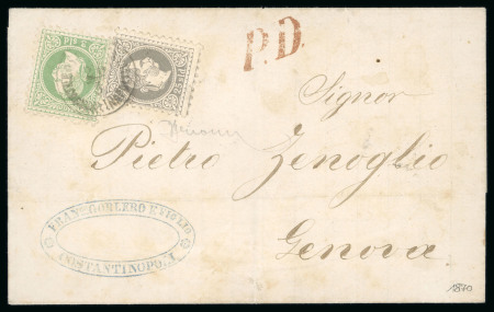 Stamp of Austria » Austrian Levant 1867/74, 3 s. grün und 25 s. grau-lila auf Brief nach Genua