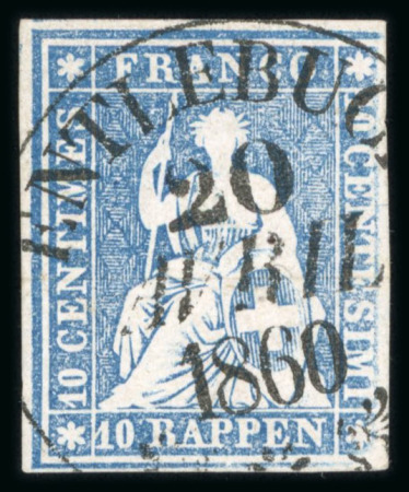 Stamp of Switzerland / Schweiz » Sitzende Helvetia Ungezähnt » 1857-62 Berner Druck, Dickes Papier 1860, 10 Rp. blau, 4. Berner Druckperiode, Stempel Entlebuch