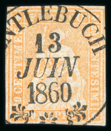 Stamp of Switzerland / Schweiz » Sitzende Helvetia Ungezähnt » 1857-62 Berner Druck, Dickes Papier 1860, 20 Rp. orange, 4. Berner Druckperiode, Stempel Entlebuch