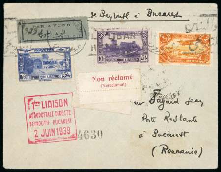 Stamp of Romania » Later Issues 1934-1939 Lot of 4 airmail items with Romanian connection, 1939 first flight from Beyrouth/Beirut, 1st Aeroflot flight Moscow-Cluj -Prague