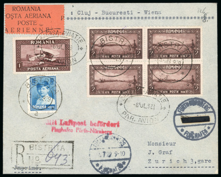 Stamp of Romania » Later Issues 1929 four airmail covers Cluj-Bucharest-Vienna to Switzerland