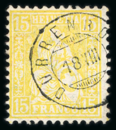 Stamp of Switzerland / Schweiz » Sitzende Helvetia Gezaehnt » Briefmarken 1881 Faserpapier 1881, Sitzende Helvetia 15 Rp. gelb auf Faserpapier, Zwergstempel